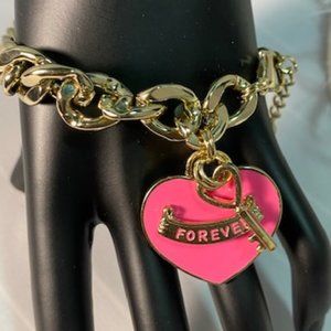 Gold Pink Heart Charm Bracelet with Key